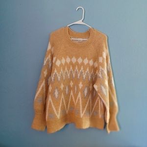 Tan, grey, and white, crew neck sweater.